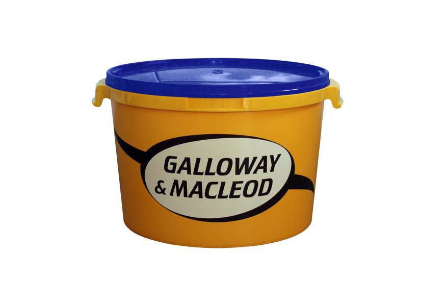 yellow bucket with blue lid and galloway and macleod branding
